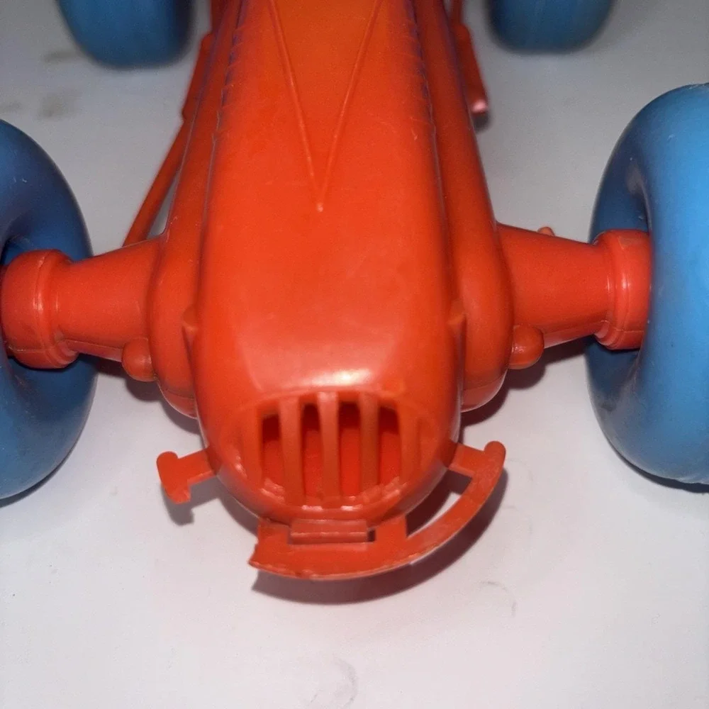 Vintage 1960s Plastic Pull Race Car Red Blue Yellow Driver Toy AS‎ IS